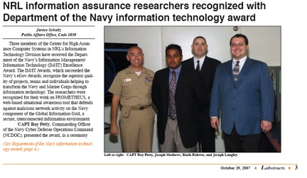 NRL Information assurance researchers recognized with Department of the Navy Information Technology award